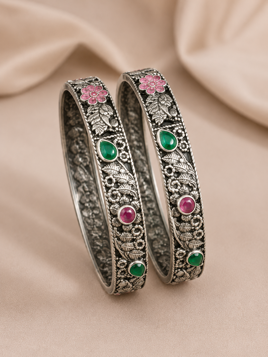 Silver Floral Multicolor Stone Bangles