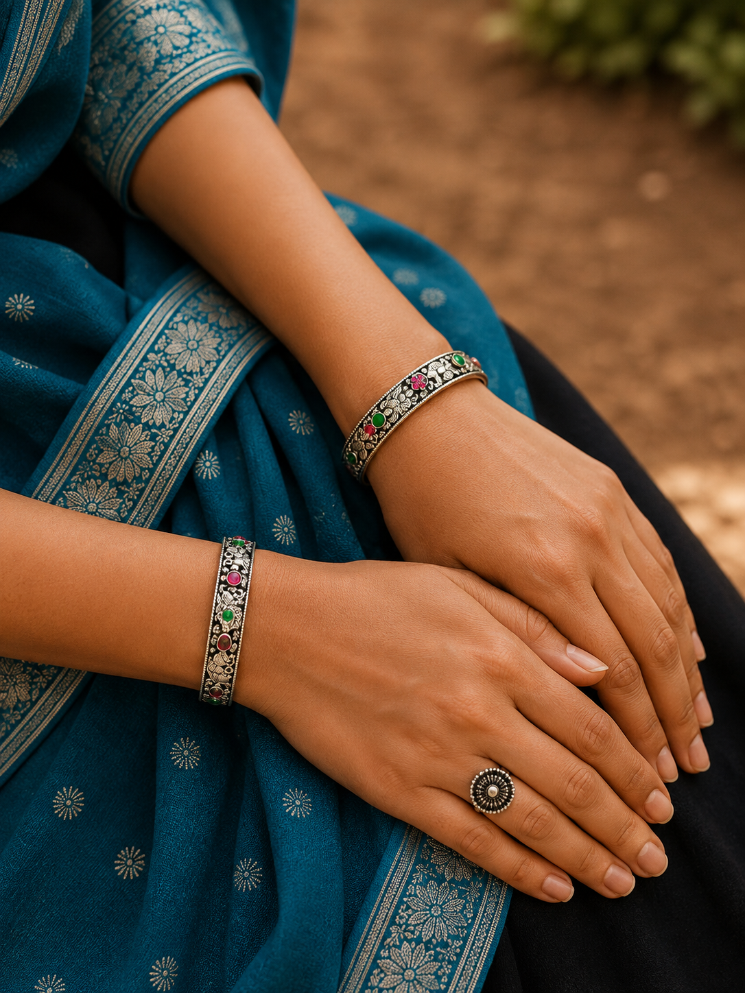 Silver Floral Multicolor Stone Bangles