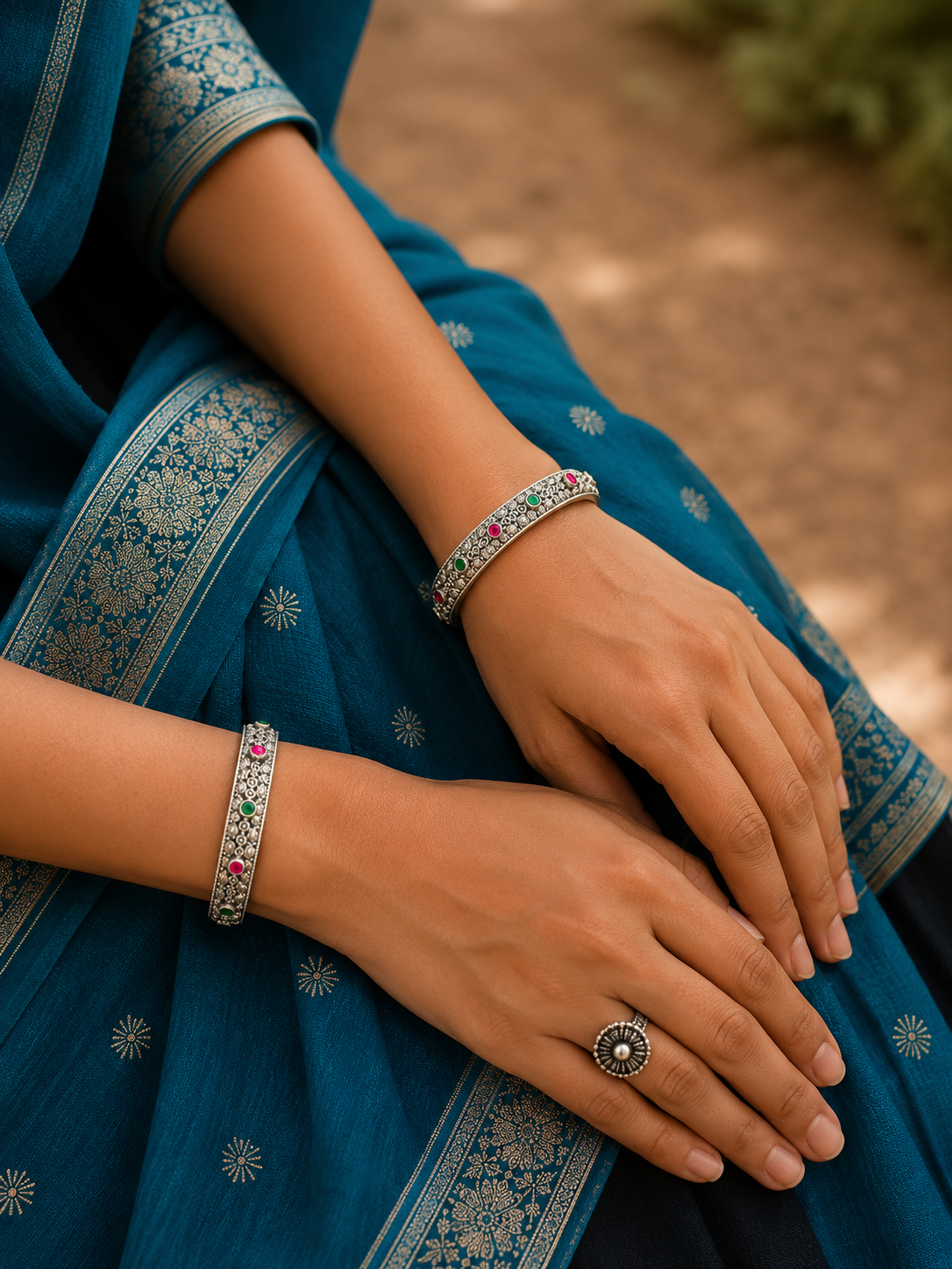 Silver Multicolor Stone Pattern Bangles
