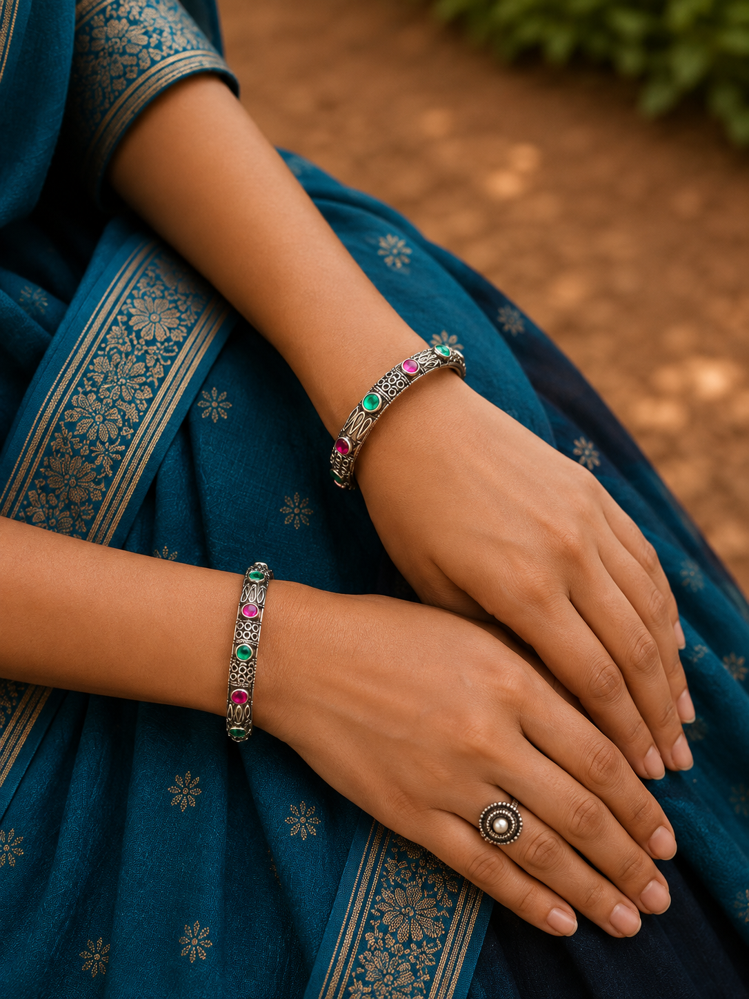 Silver Multicolor Geometric Stone Bangles