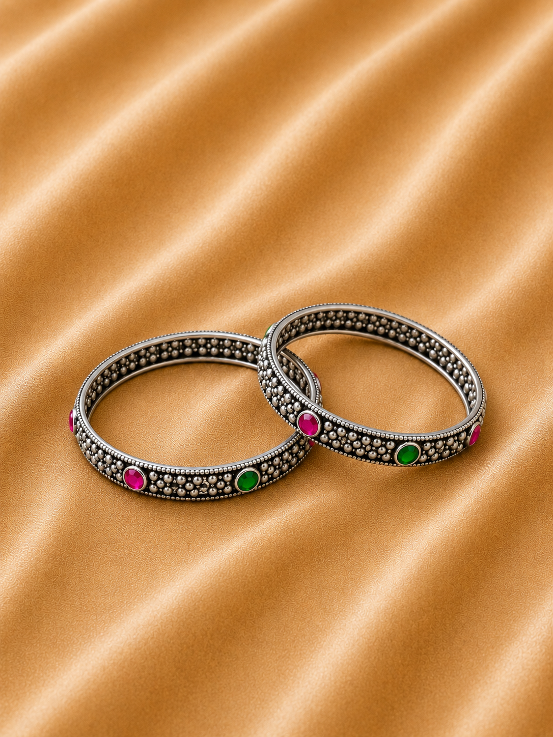 Silver Beaded Multicolor Stone Bangles