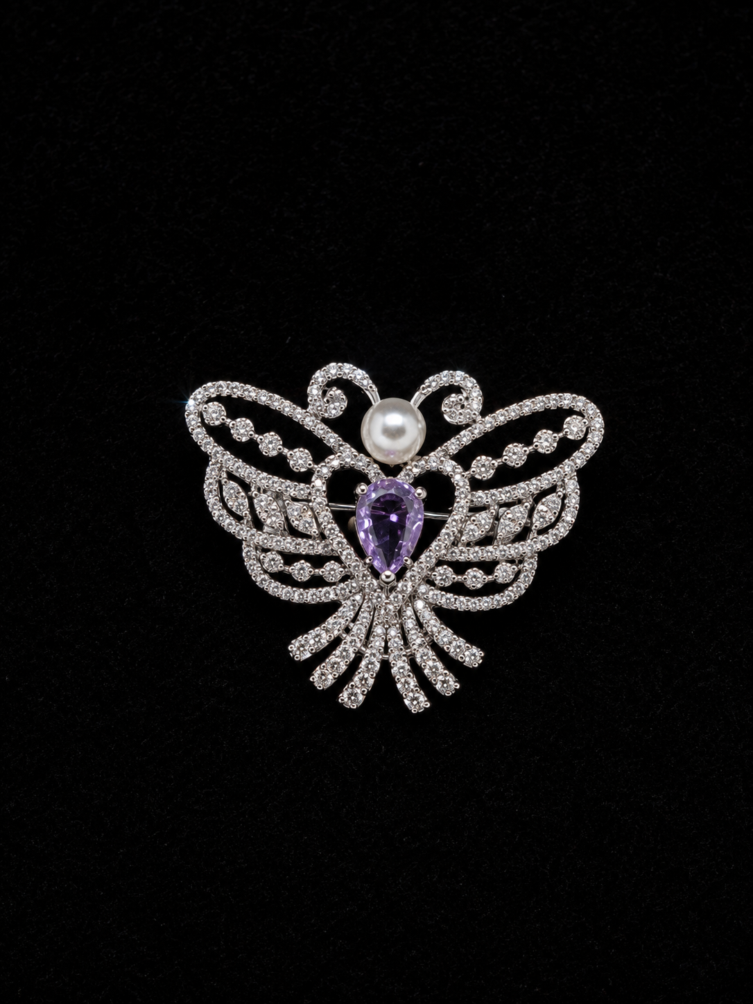 Silver Butterfly Brooch with Pearl & Lavender Crystal Accent