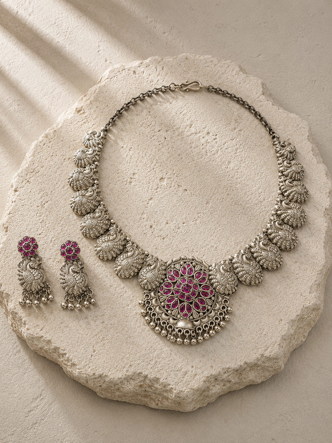 Traditional Peacock Silver Necklace Set
