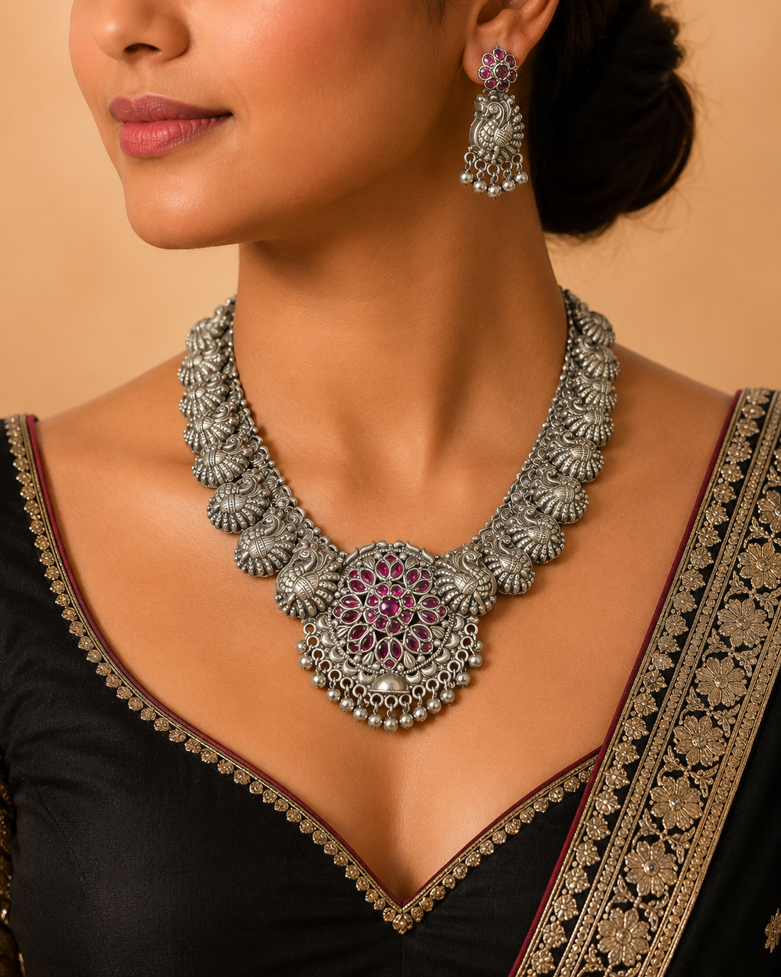 Traditional Peacock Silver Necklace Set