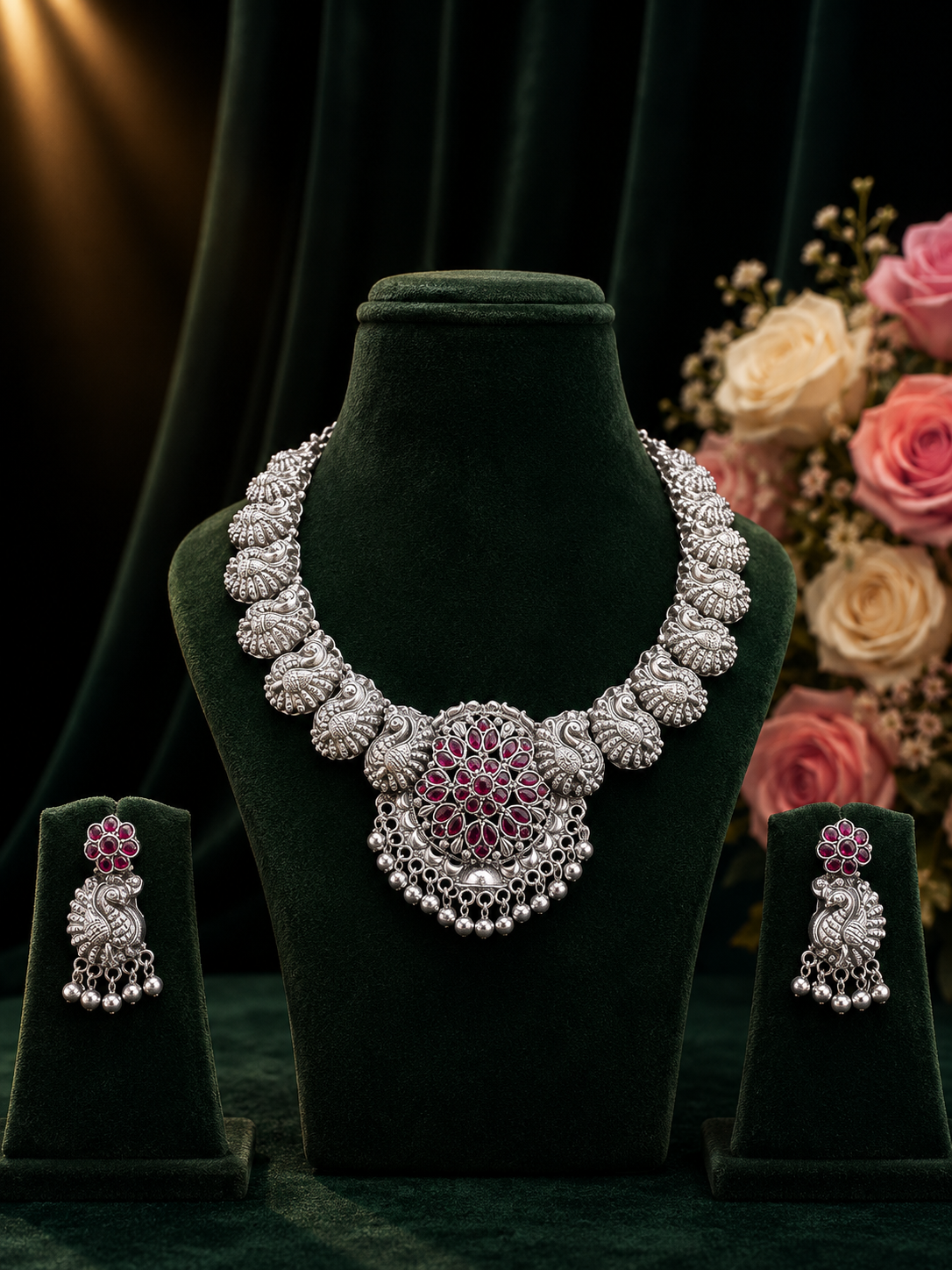 Traditional Peacock Silver Necklace Set