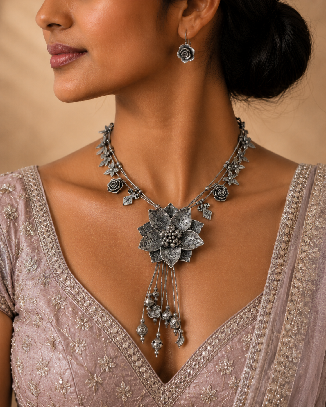 Silver flower Necklace Set