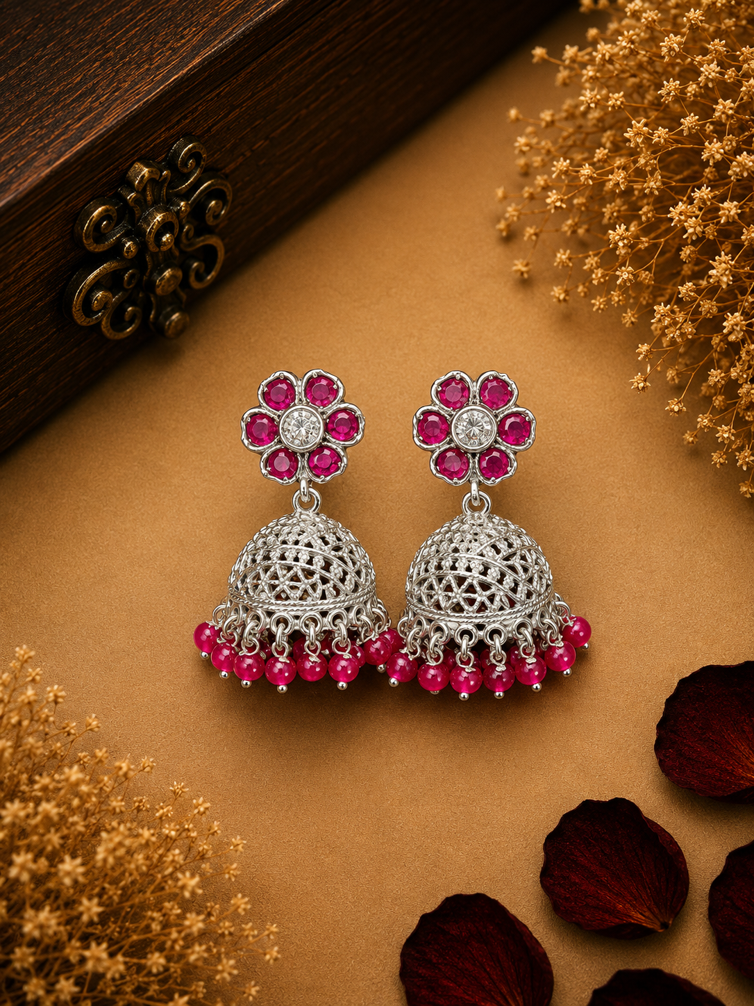 Silver Floral Jhumka Earrings
