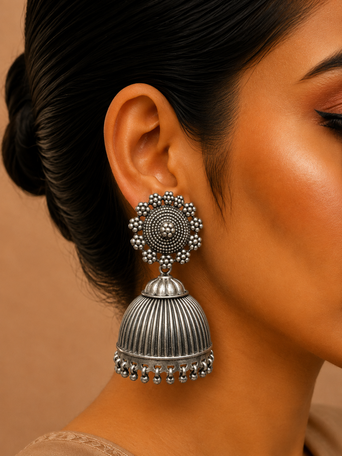 Silver Beaded Dome Jhumka