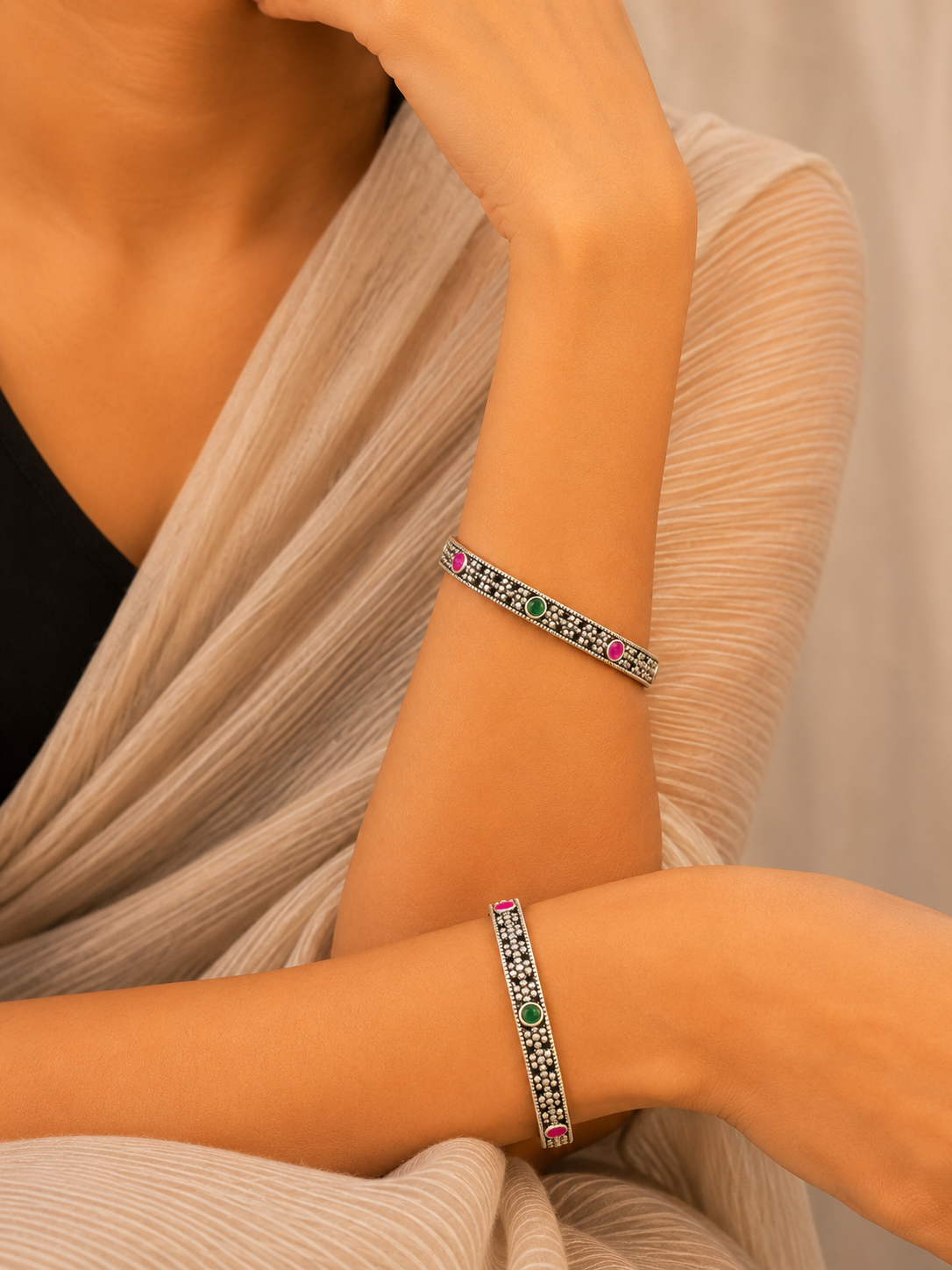Silver Beaded Multicolor Stone Bangles