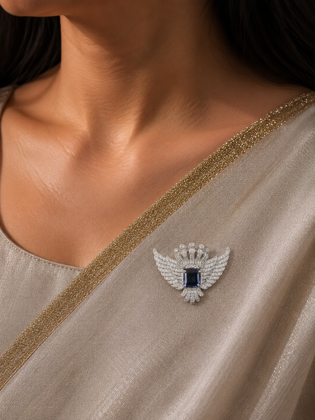Royal Crown Wing Brooch with Sapphire Blue Crystal |