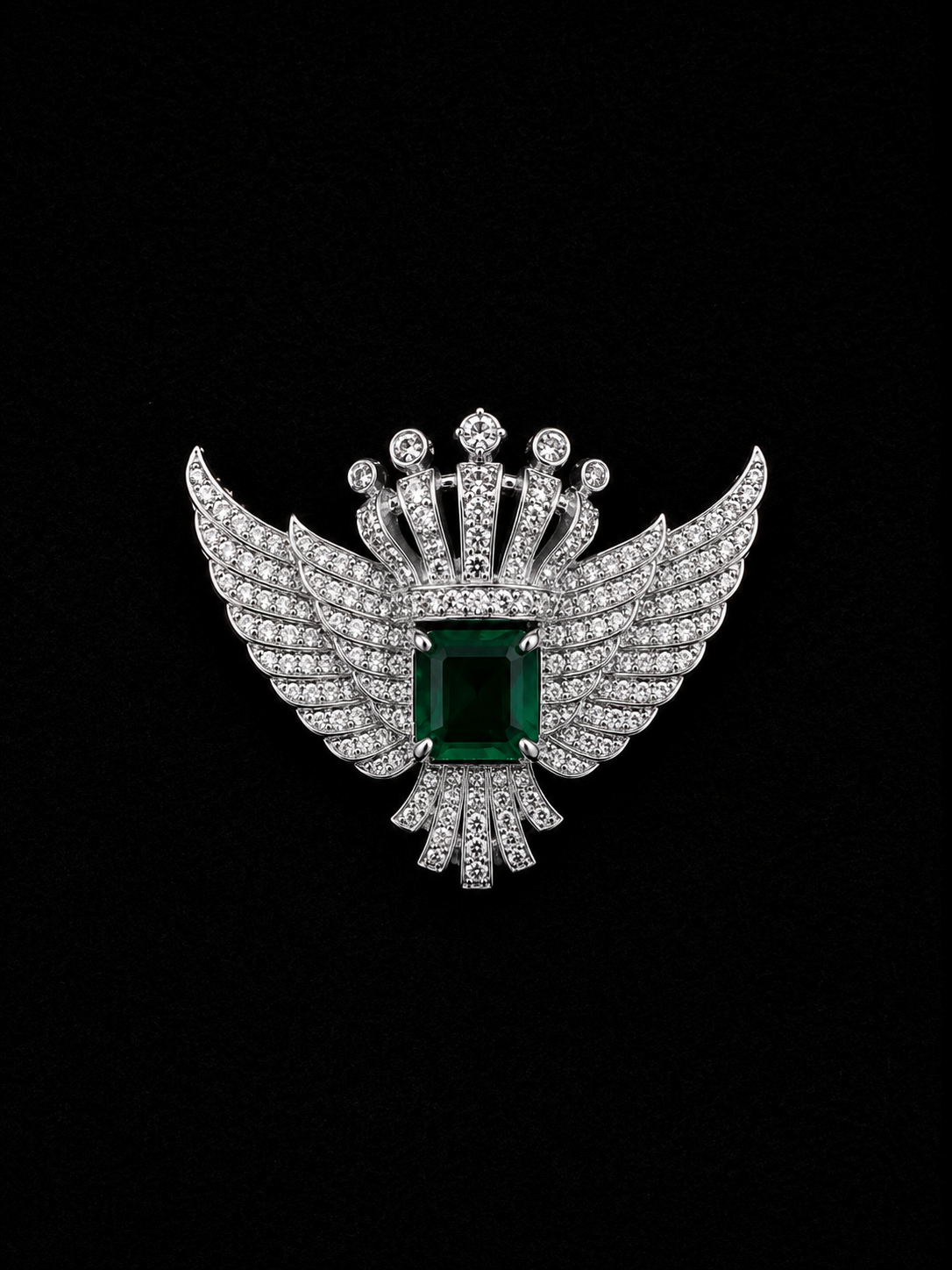 Royal Crown Wing Brooch with Emerald Green Crystal