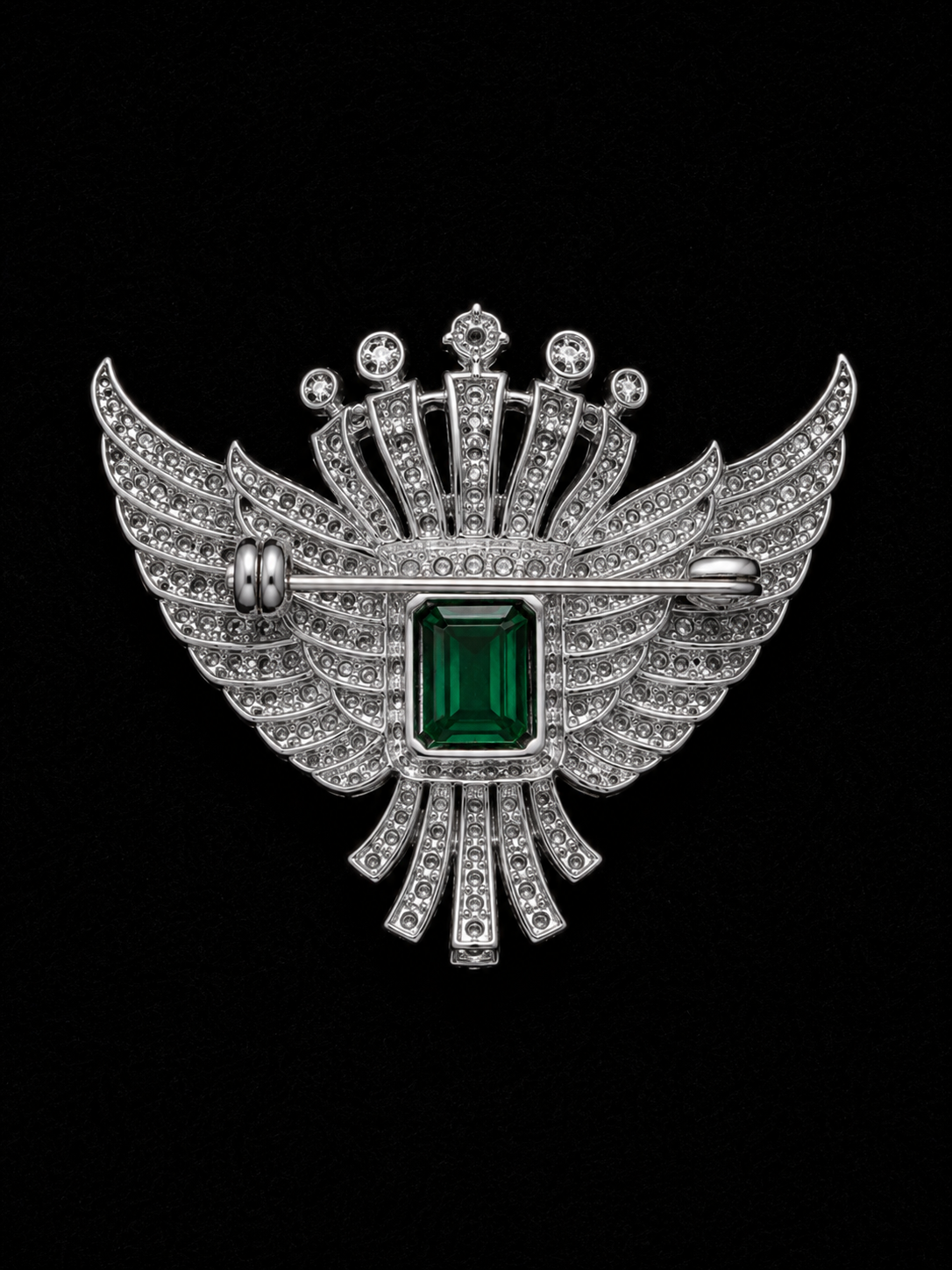 Royal Crown Wing Brooch with Emerald Green Crystal