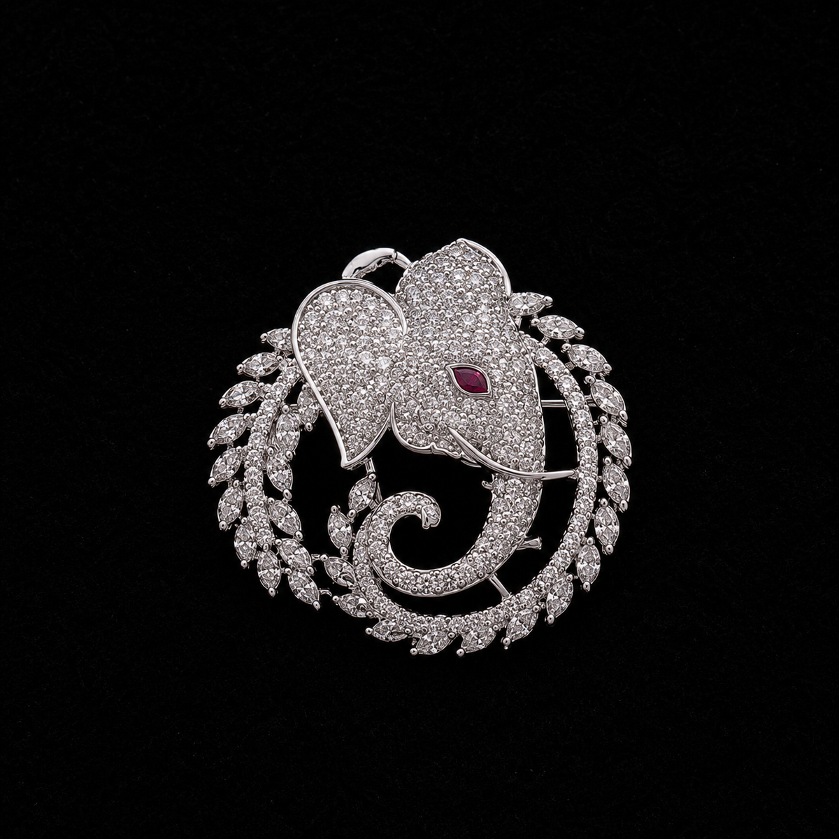 Luxury Crystal Elephant Brooch with Ruby Accent & Laurel Wreath Design