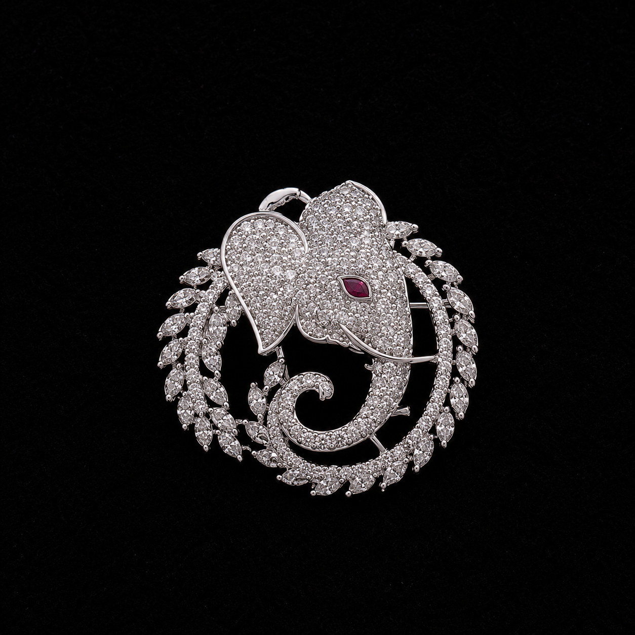 Luxury Crystal Elephant Brooch with Ruby Accent & Laurel Wreath Design