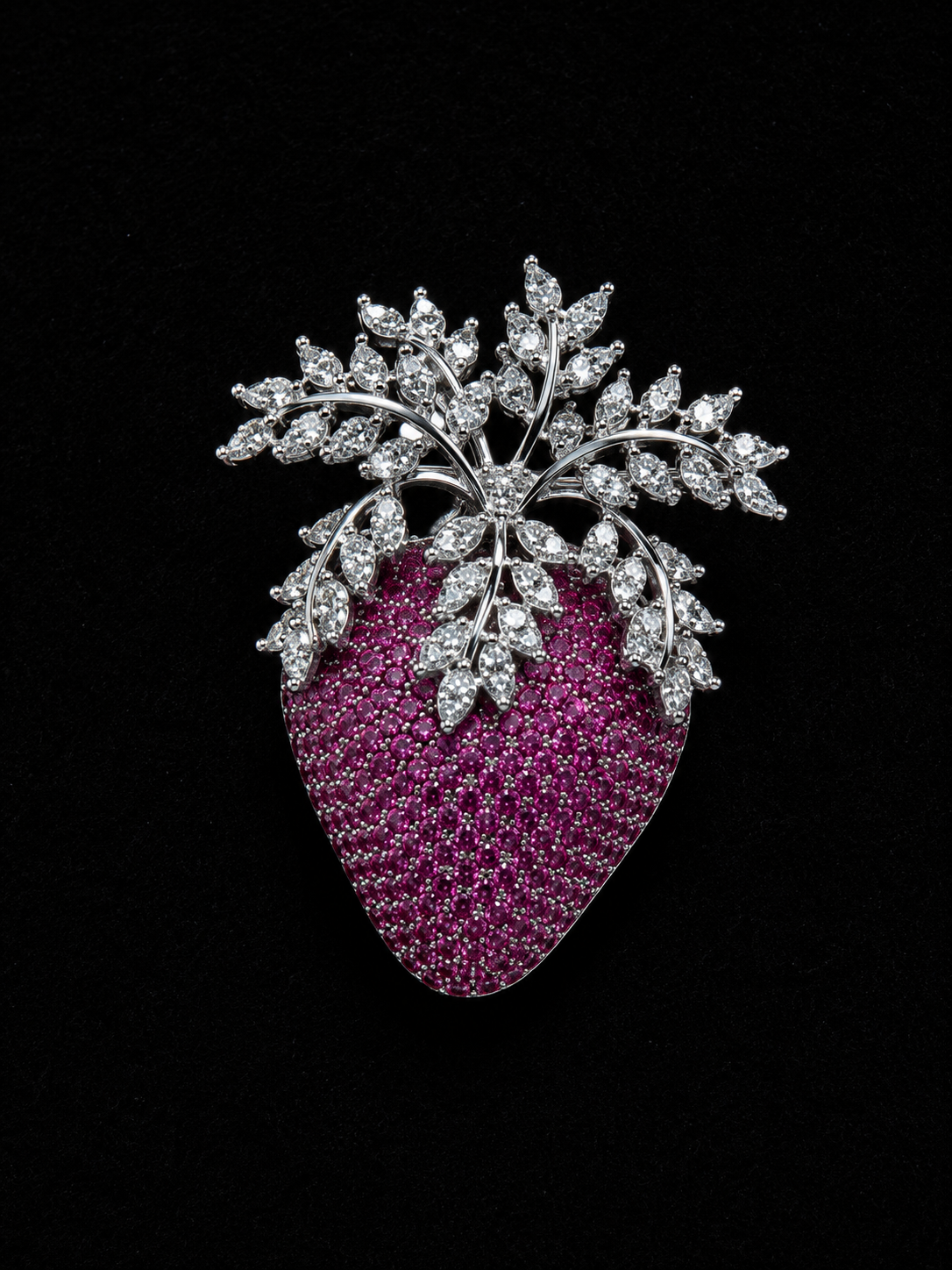 Luxury Crystal Strawberry Brooch with Silver-Tone Leaf Design