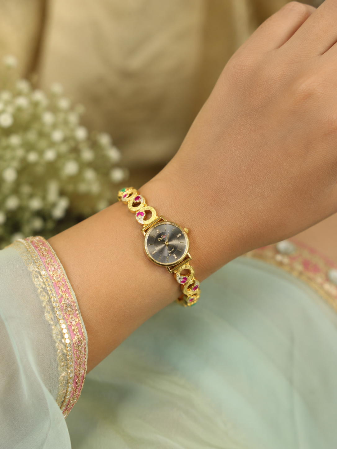 Traditional Gold-Tone Designer Women's Watch with Ruby