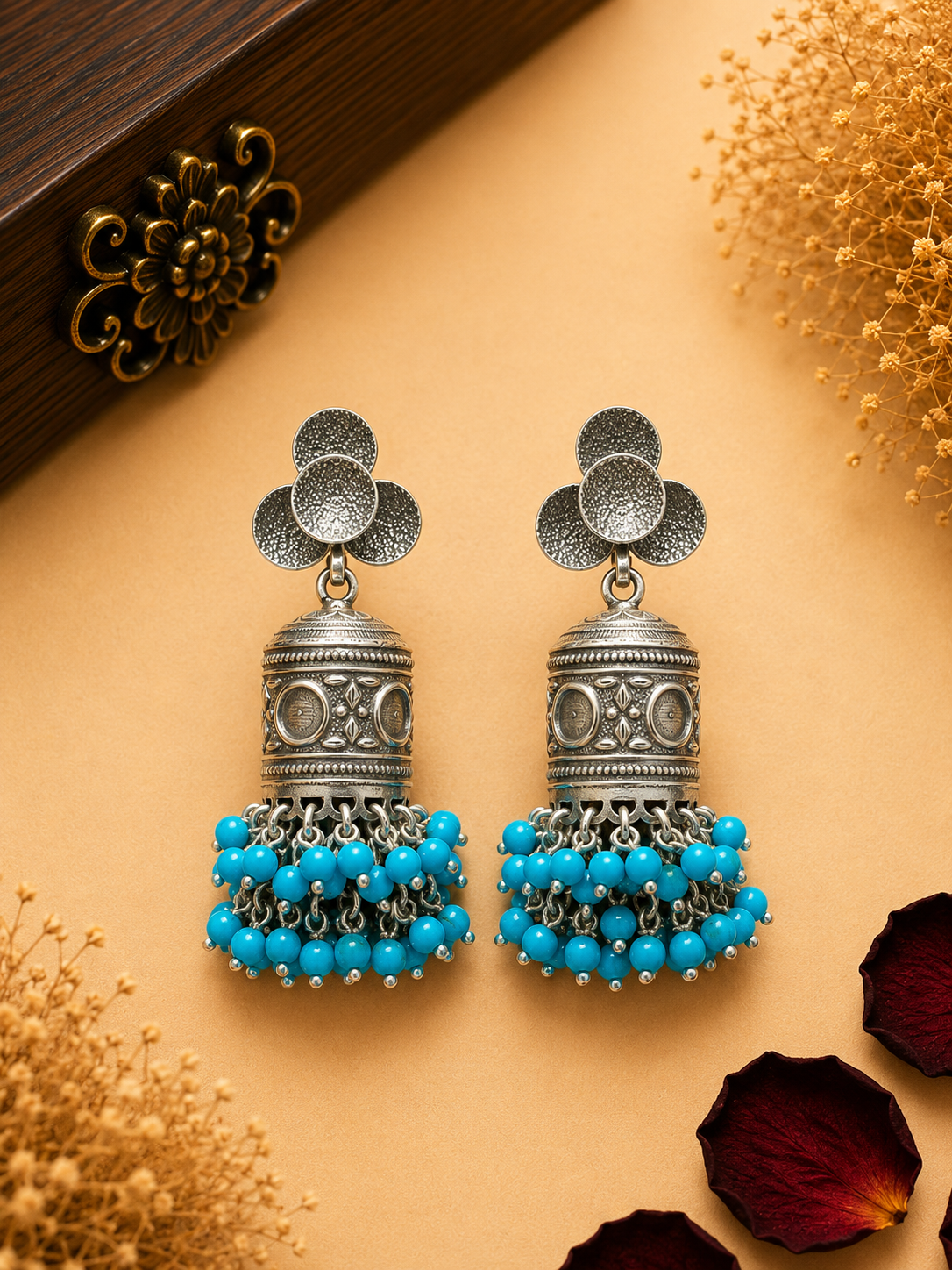 Turquoise Beaded Silver Jhumka Earrings