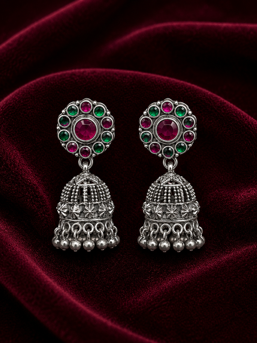 Silver Green & Ruby Traditional Jhumka
