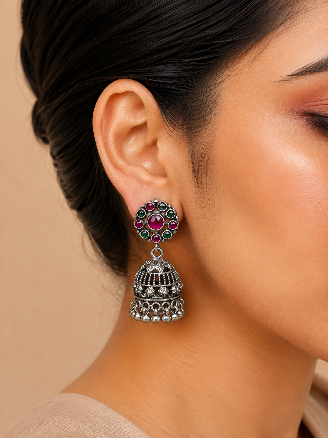 Silver Green & Ruby Traditional Jhumka