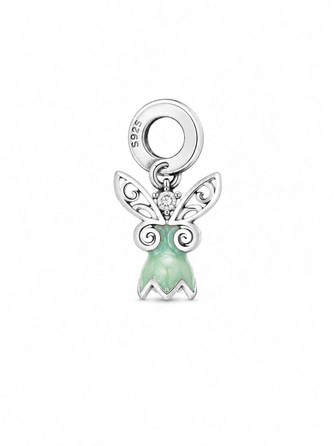A sterling silver fairy charm with a light green enamel body and a small clear crystal on its head, shown on a plain white background.