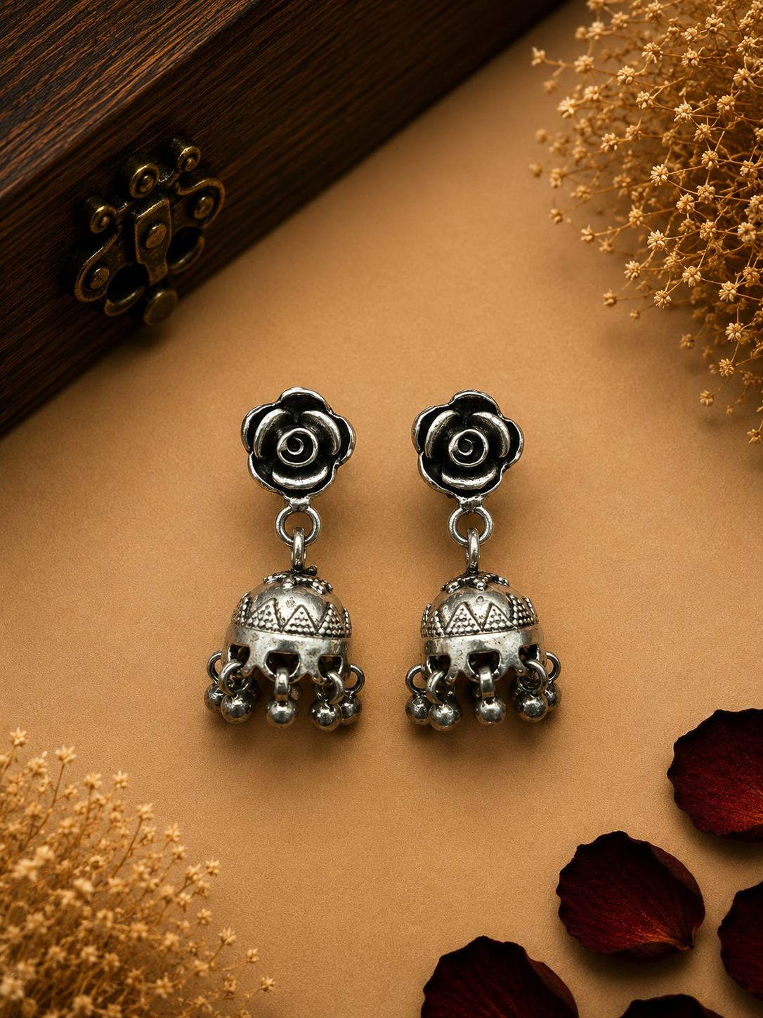 Silver Rose Jhumka Earrings