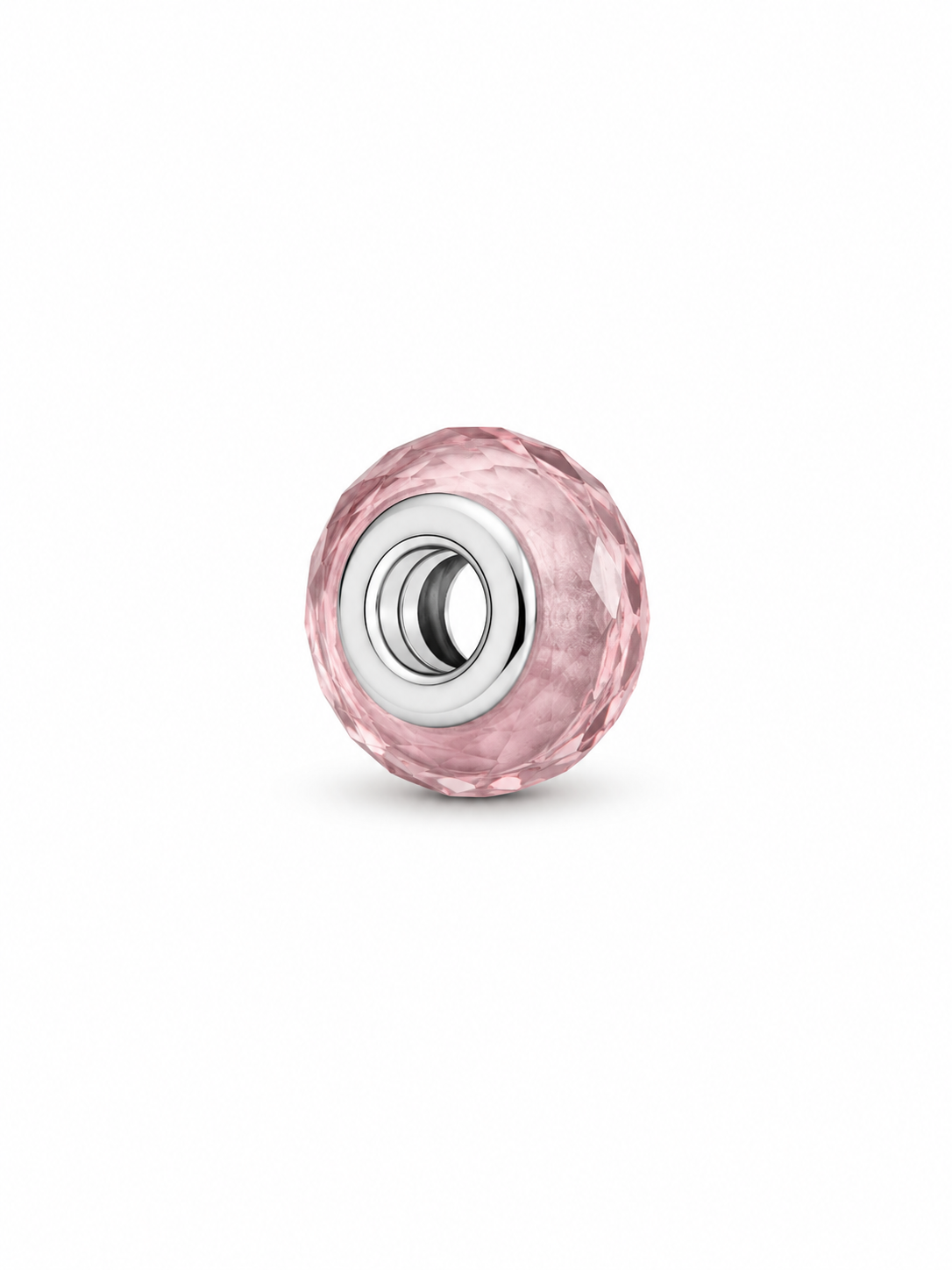 A faceted pink glass charm bead with a polished silver-toned metal core, shown on a clean white background.