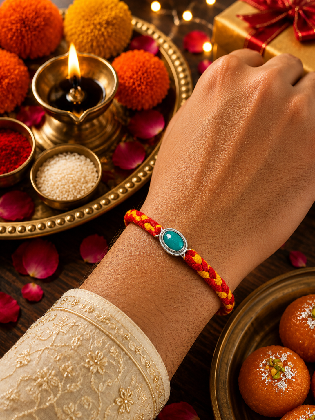 Silver green stone Rakhi