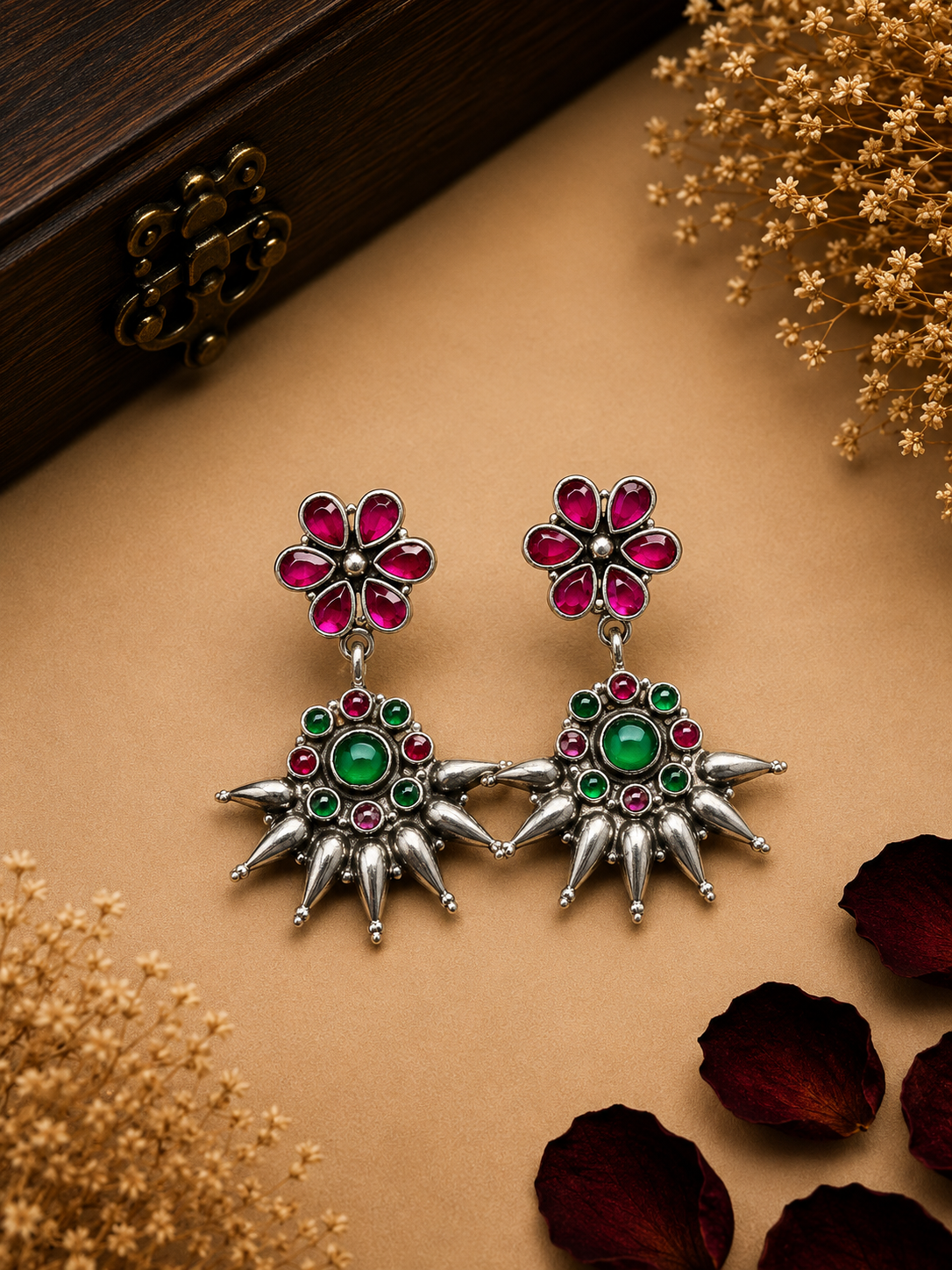 Silver Green & Ruby Pink Floral Dangler Earrings