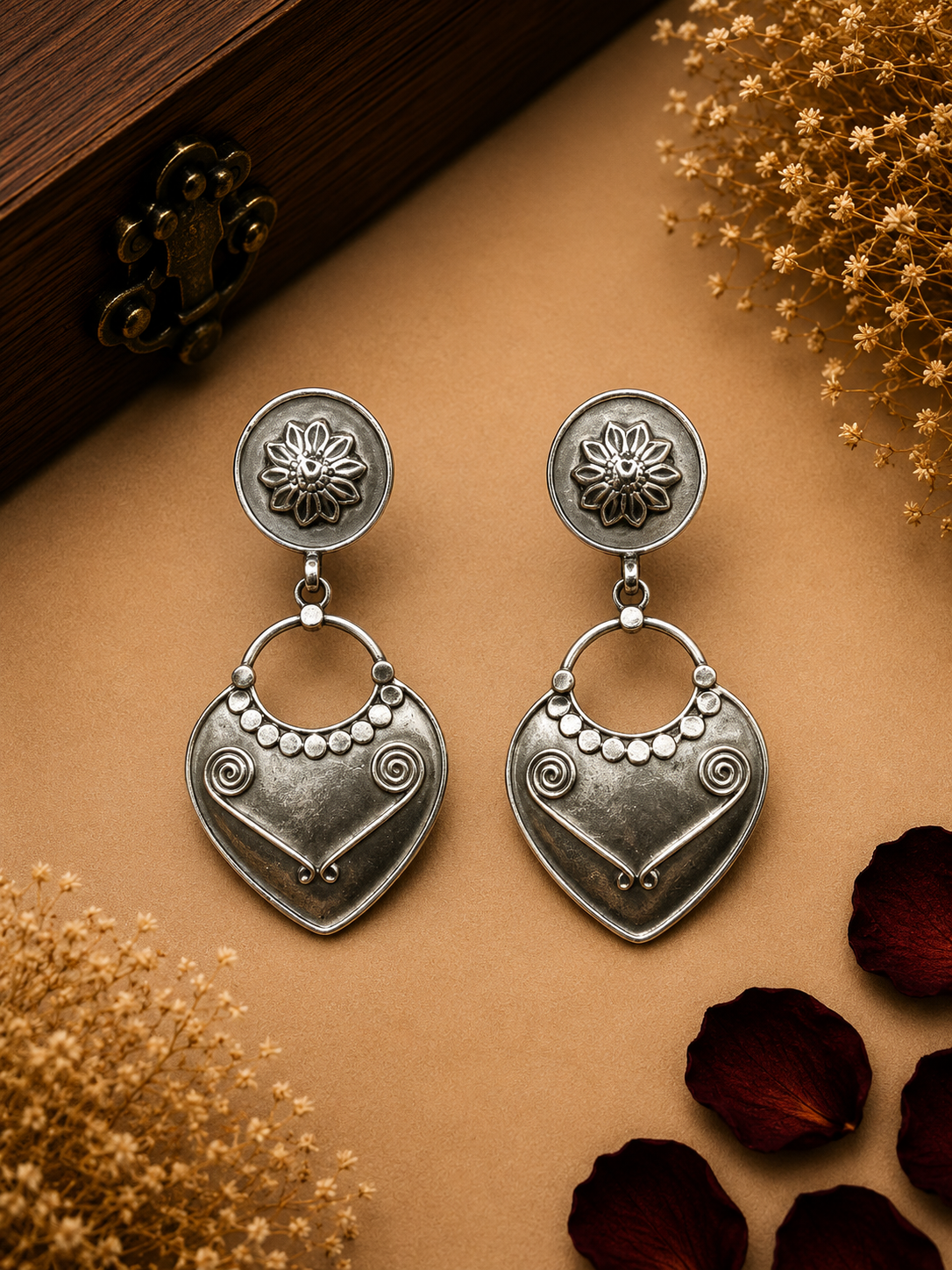 Silver Floral Heart Drop Earrings