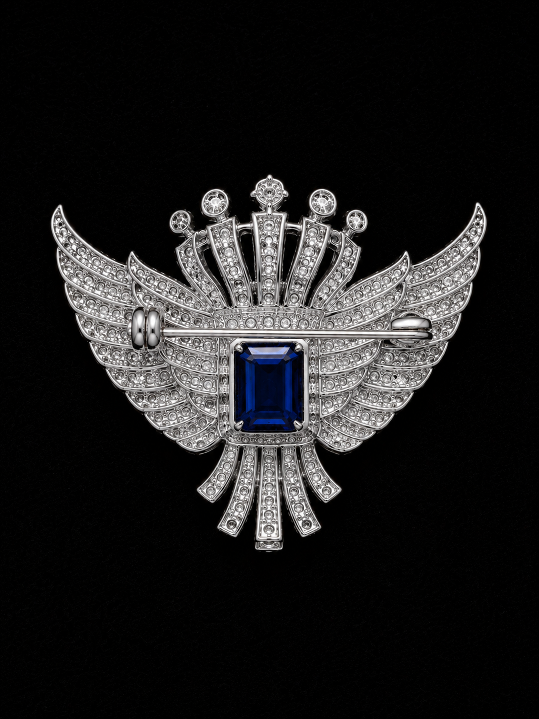 Royal Crown Wing Brooch with Sapphire Blue Crystal |