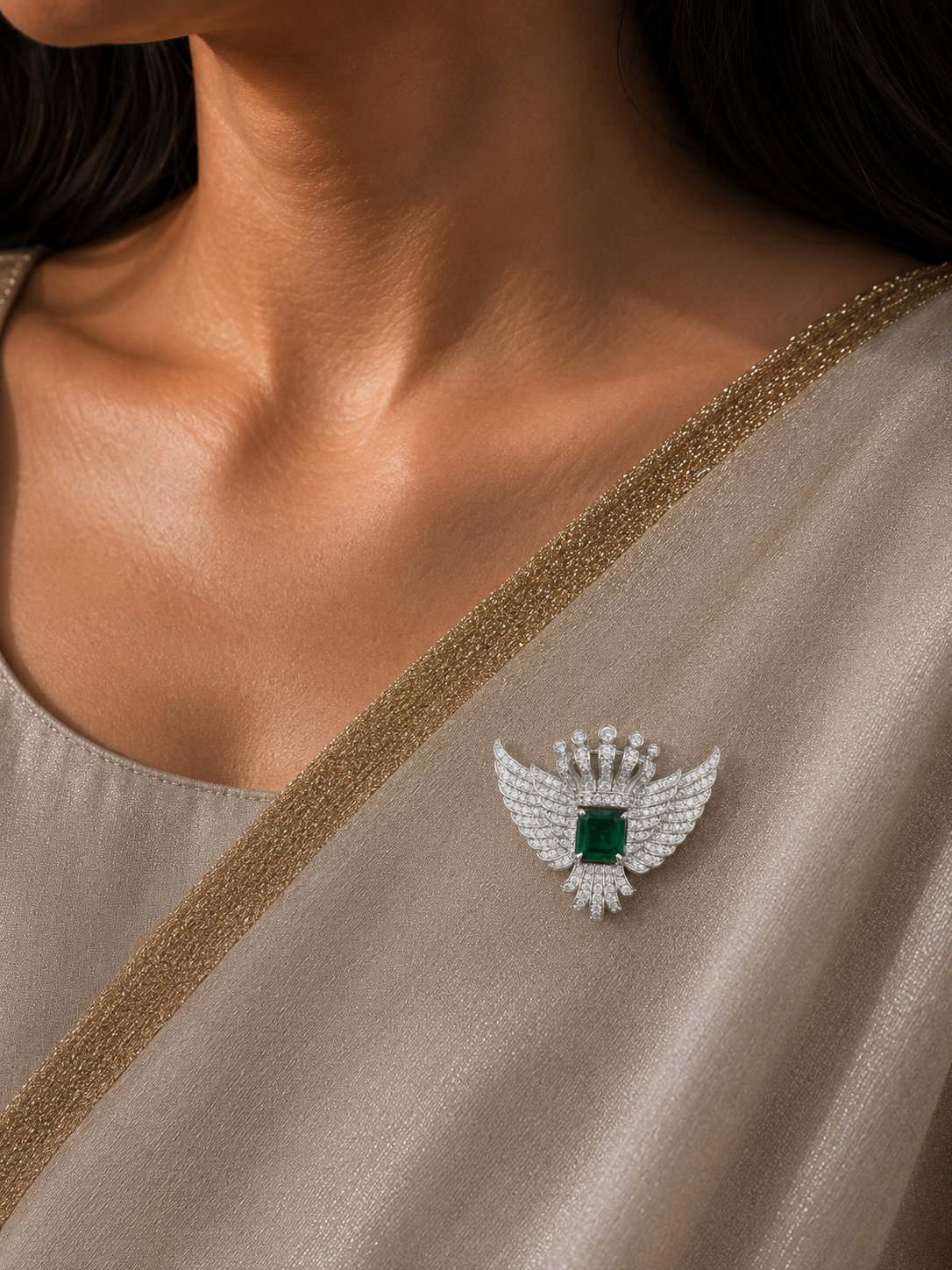 Royal Crown Wing Brooch with Emerald Green Crystal