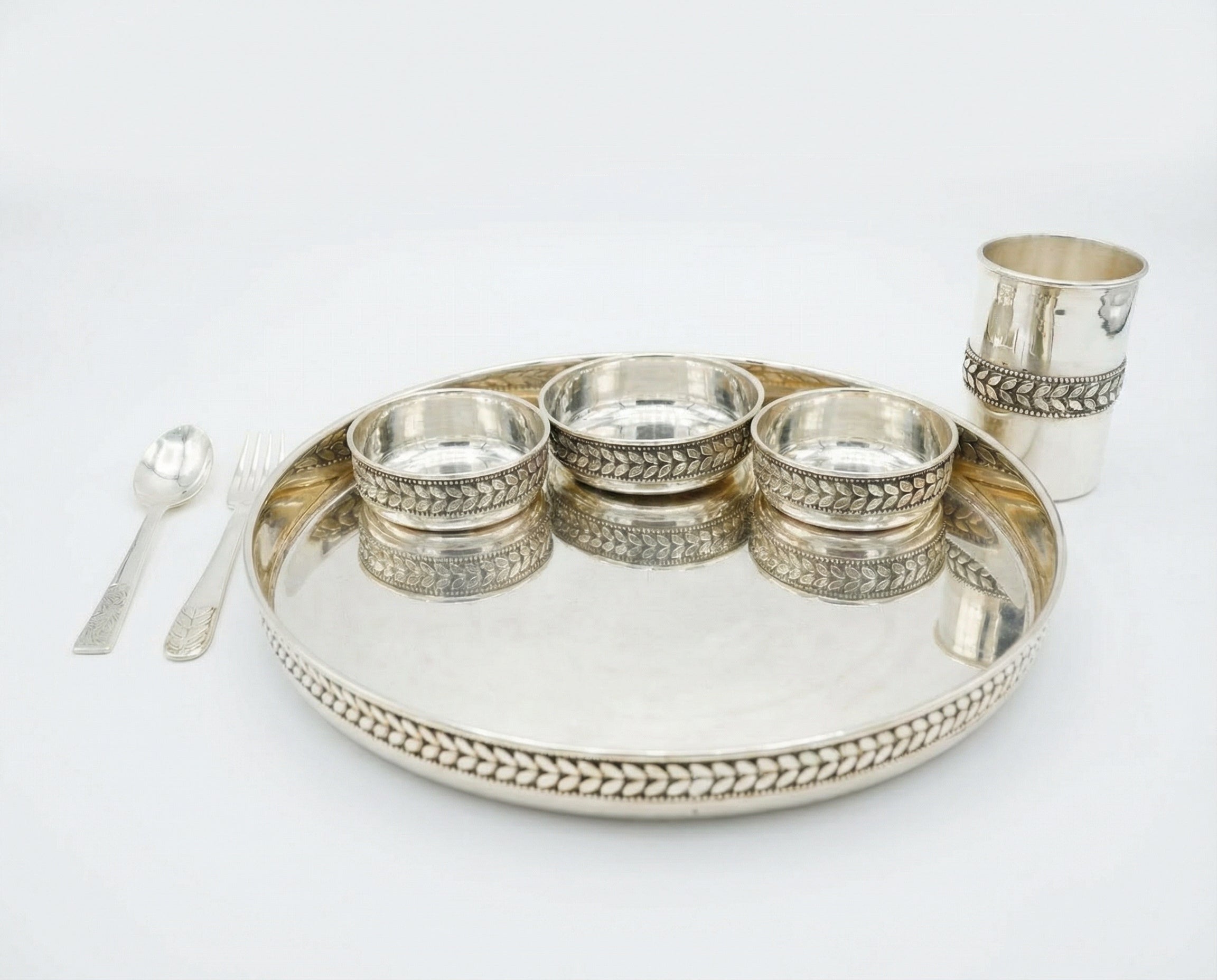 Royal Silver Finish Designer Pooja & Serving Thali Set (6-Piece)