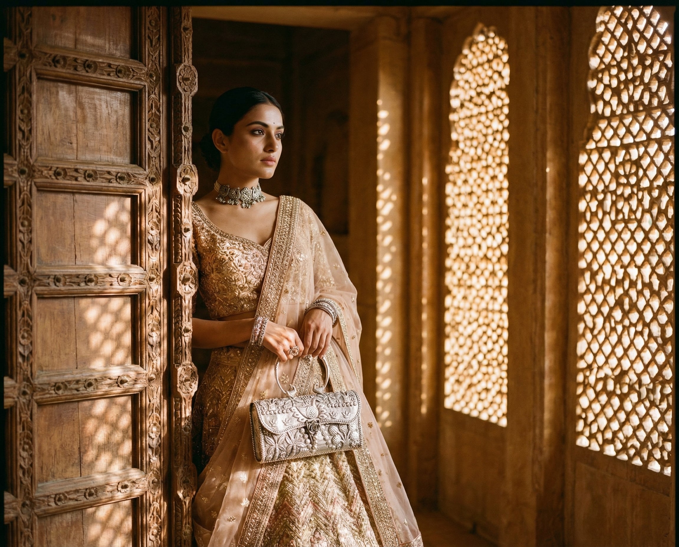 Model carrying a silver handbag beside carved palace windows, from the original Candrin homepage