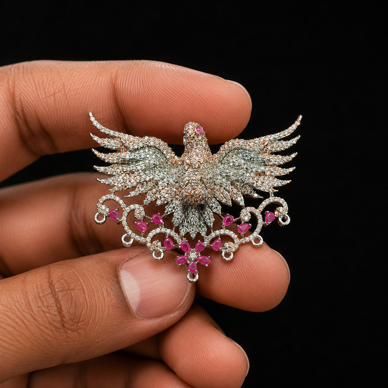 Luxury Crystal Eagle Designer Brooch Pin with Ruby Red Stones