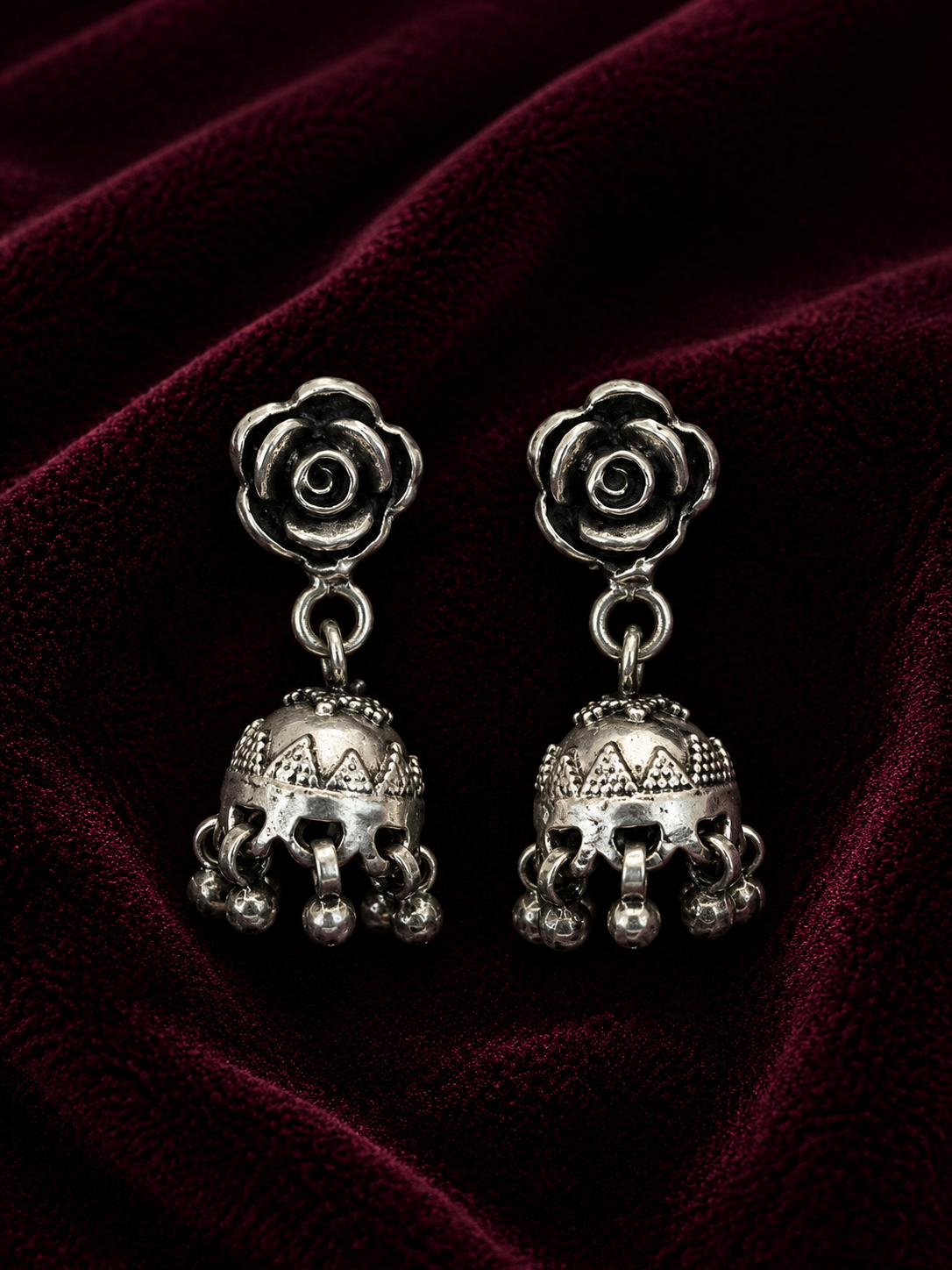 Silver Rose Jhumka Earrings