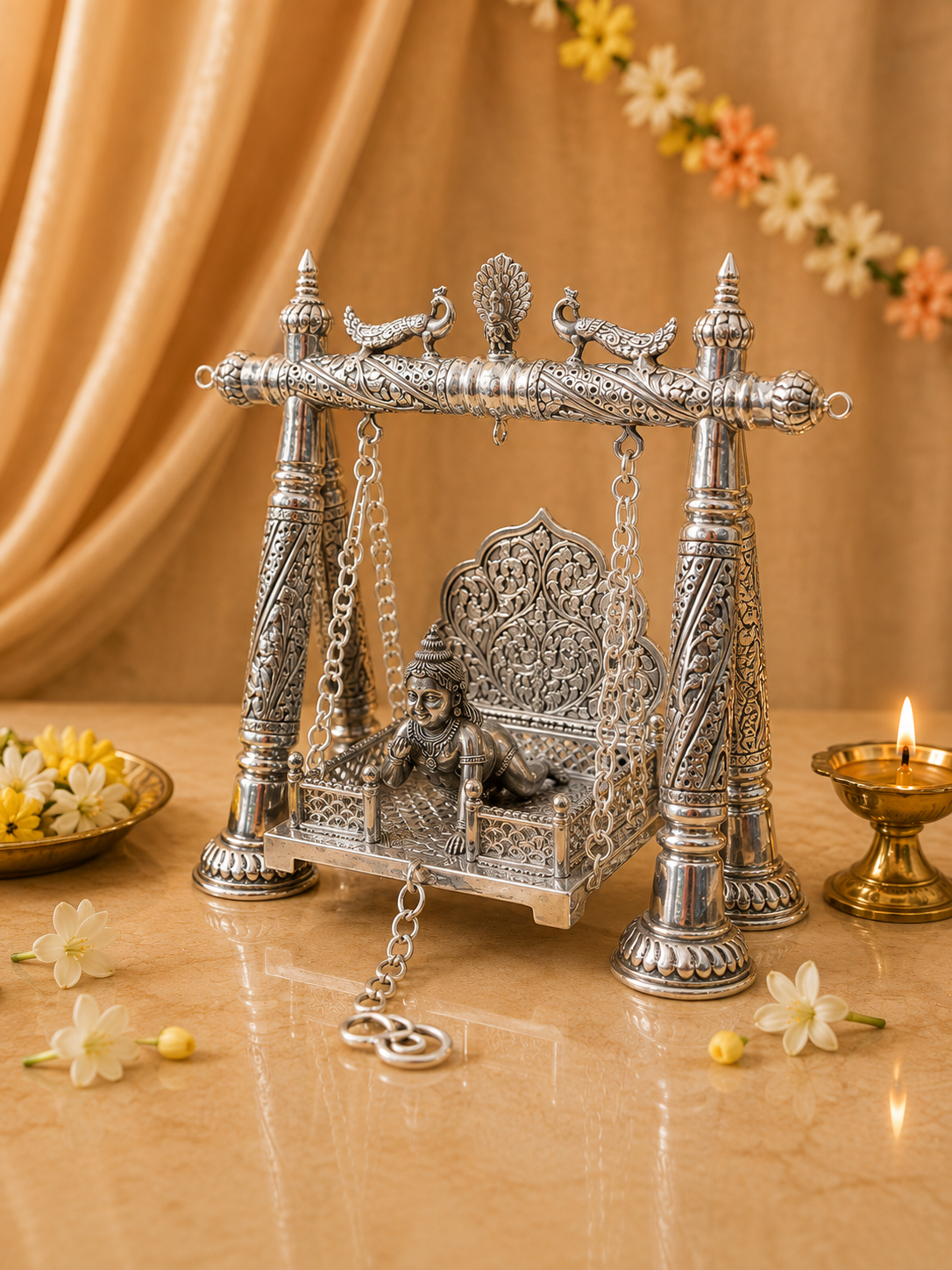 An ornate silver-toned swing set with a seated Buddha figure in the center, displayed on a beige surface with draped fabric, flowers, and a lit candle in the background.