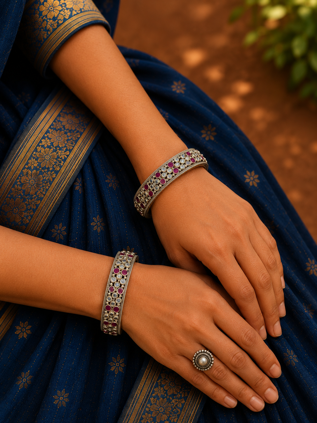Silver Ruby Stone Statement Bangles