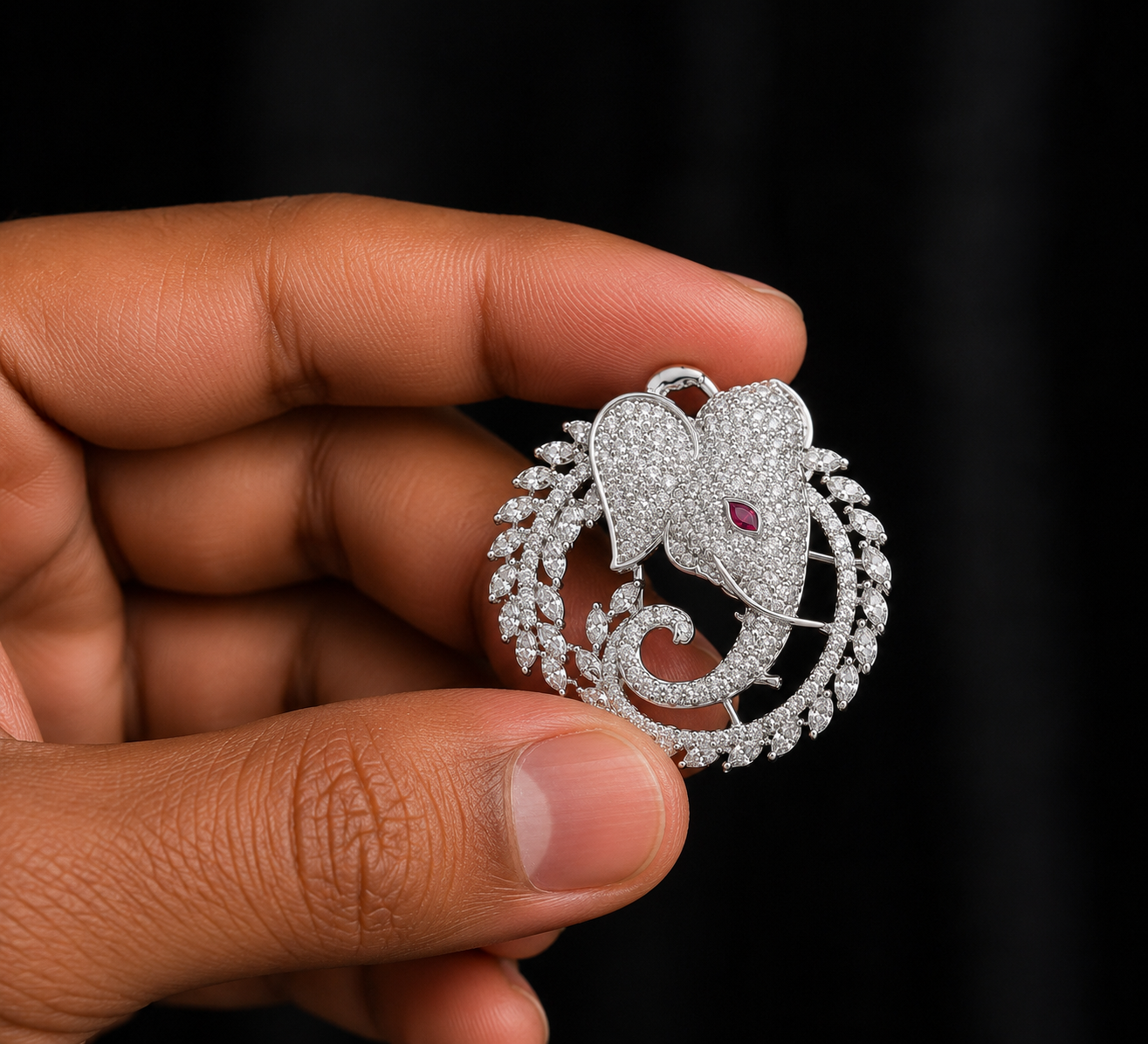 Luxury Crystal Elephant Brooch with Ruby Accent & Laurel Wreath Design