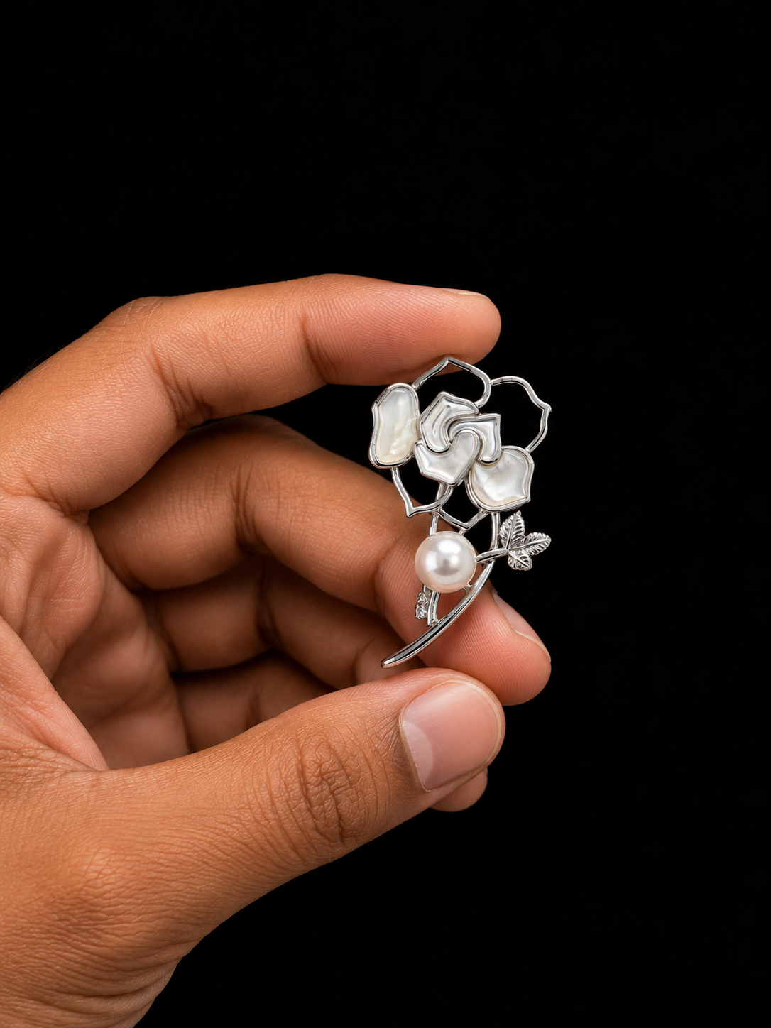 Silver Floral Brooch with Mother of Pearl & Pearl Accent