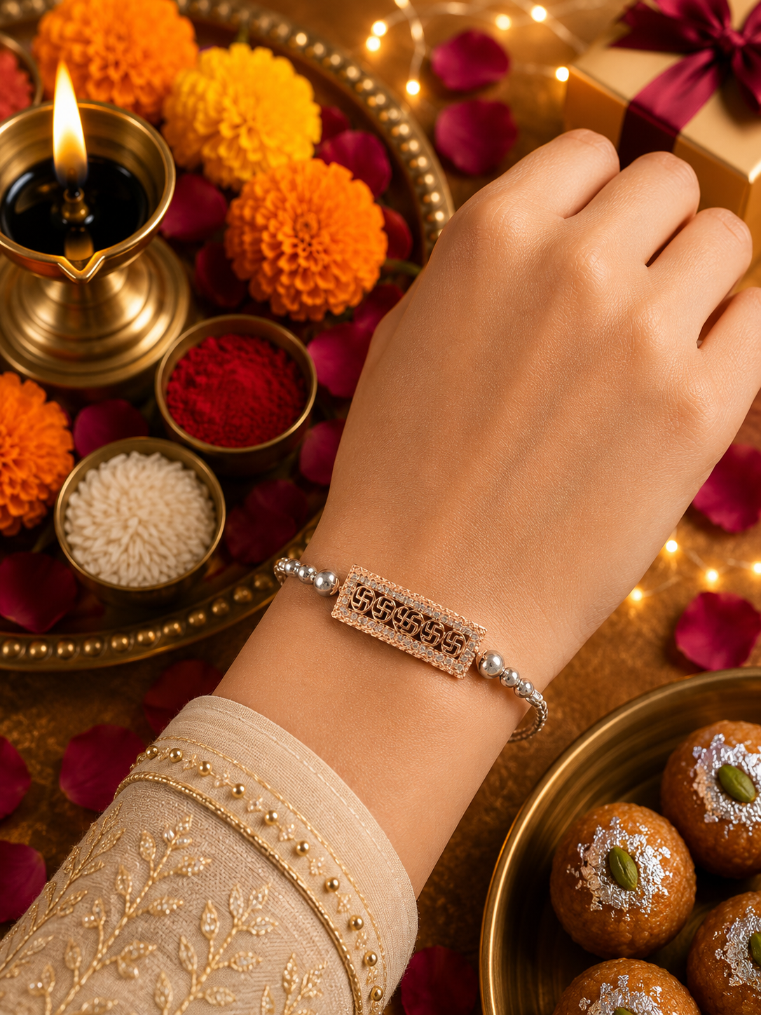Silver Rose Gold Designer Rakhi