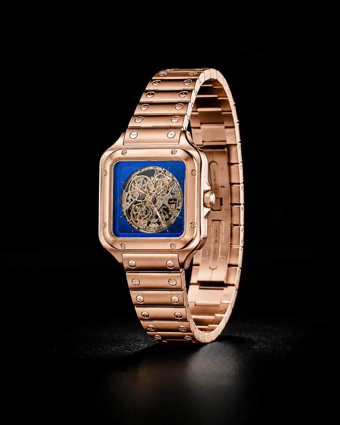 Luxury Rose Gold Skeleton Wrist Watch with Blue Dial