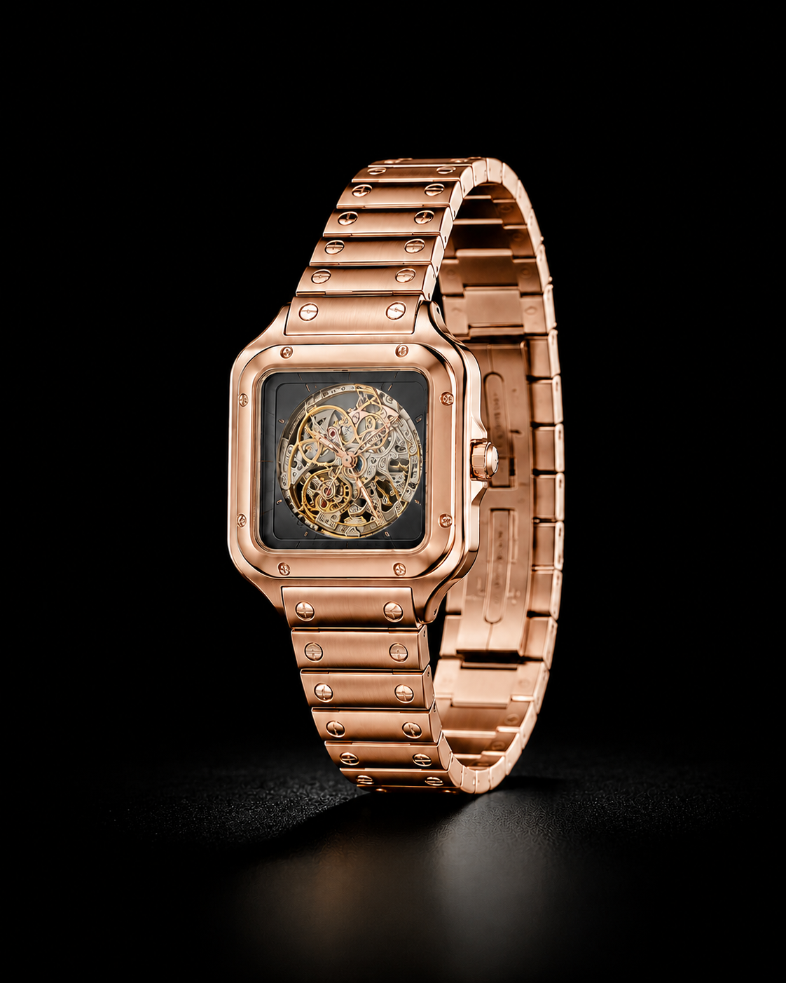 Luxury Rose Gold Skeleton Wrist Watch with Black Dial