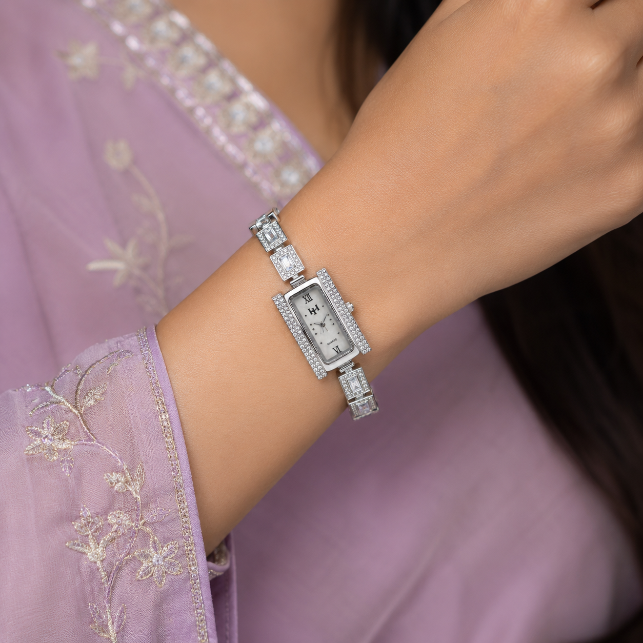 Luxury Crystal-Studded Silver Bracelet Watch for Women