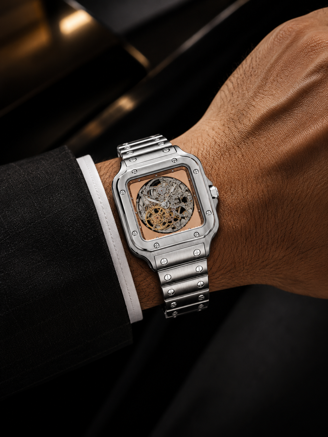 Luxury Silver Skeleton Wrist Watch with Rose Gold Dial