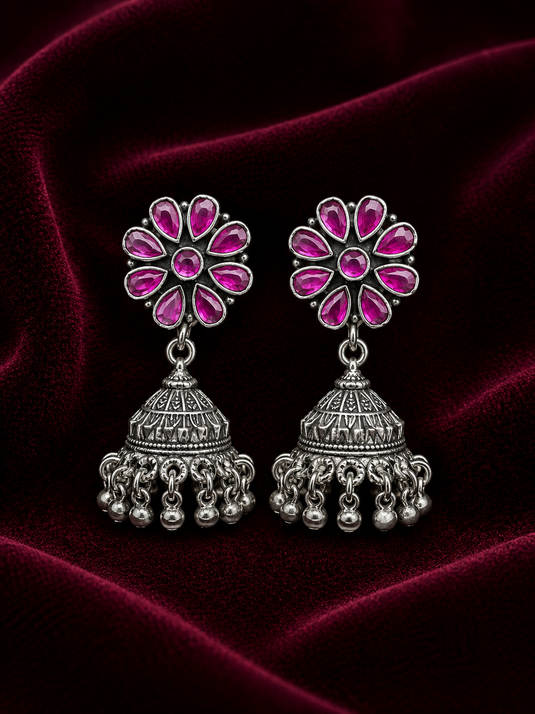 Silver Pink Stone Floral Jhumka