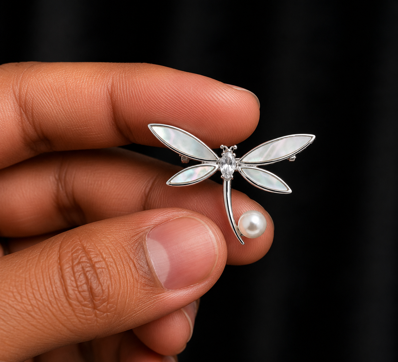 Premium Mother of Pearl Dragonfly Brooch with Pearl & Crystal