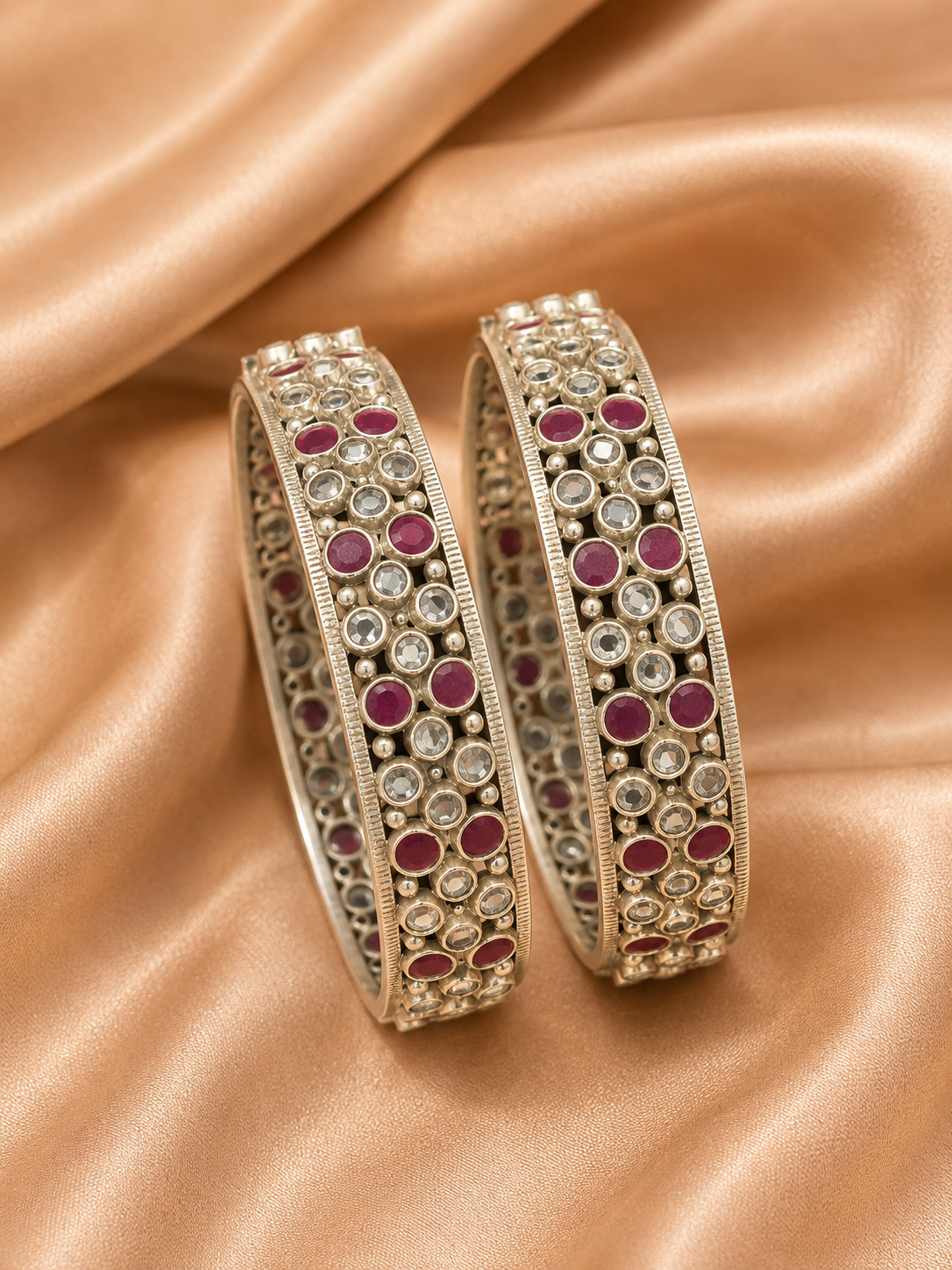 Silver Ruby Stone Statement Bangles