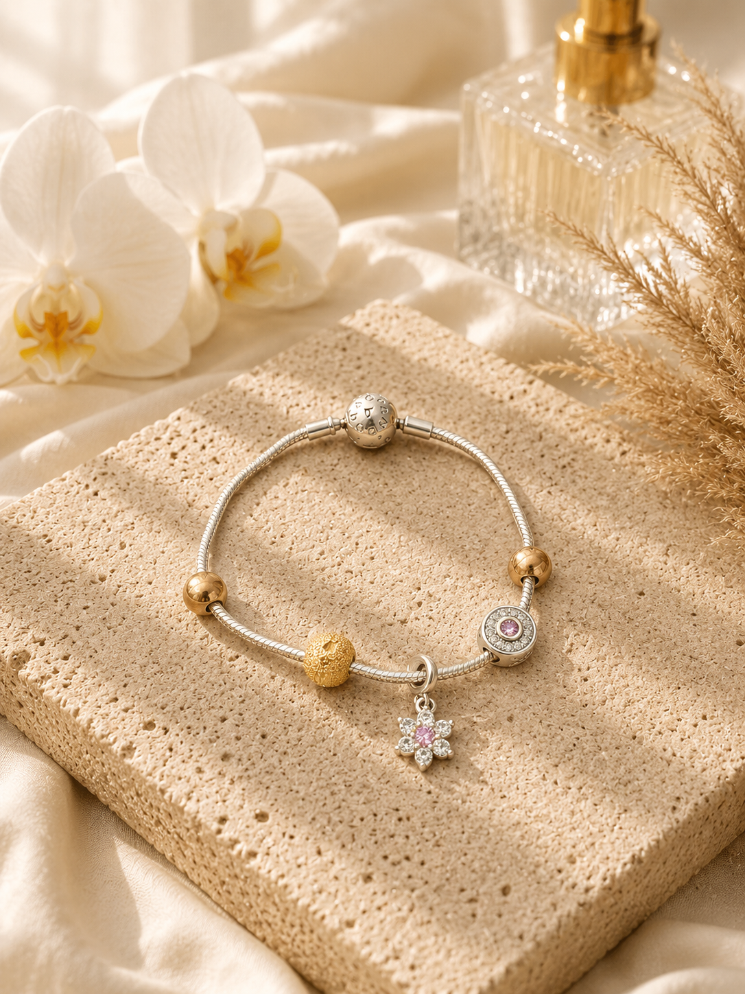 Pandora Style 925 Sterling Silver Two-Tone Charm Bracelet