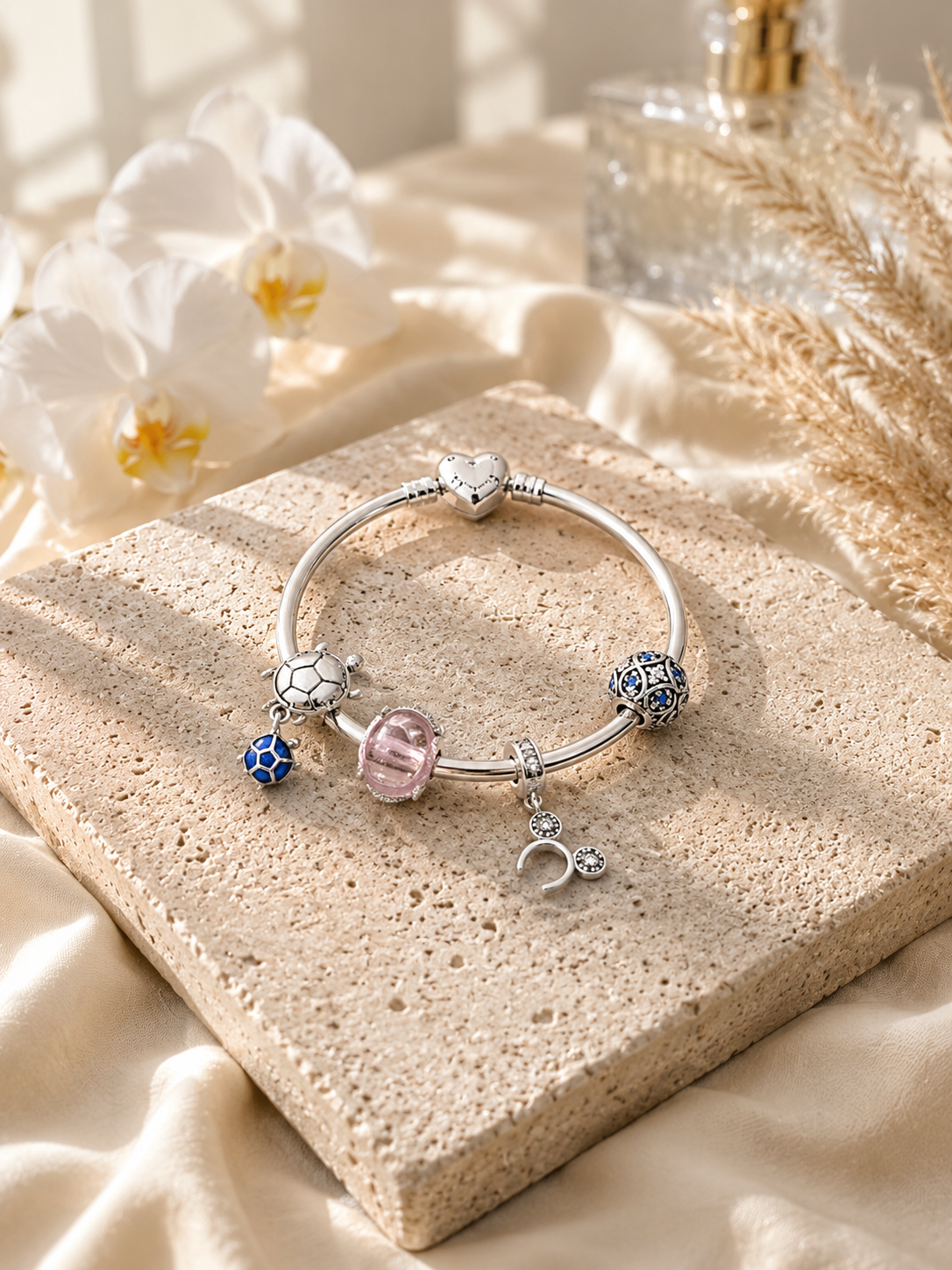 Pandora Style 925 Sterling Silver Charm Bracelet with Pink Crystal