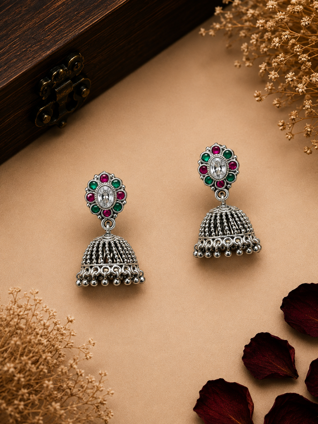 Silver Green & Ruby Stone Traditional Jhumka